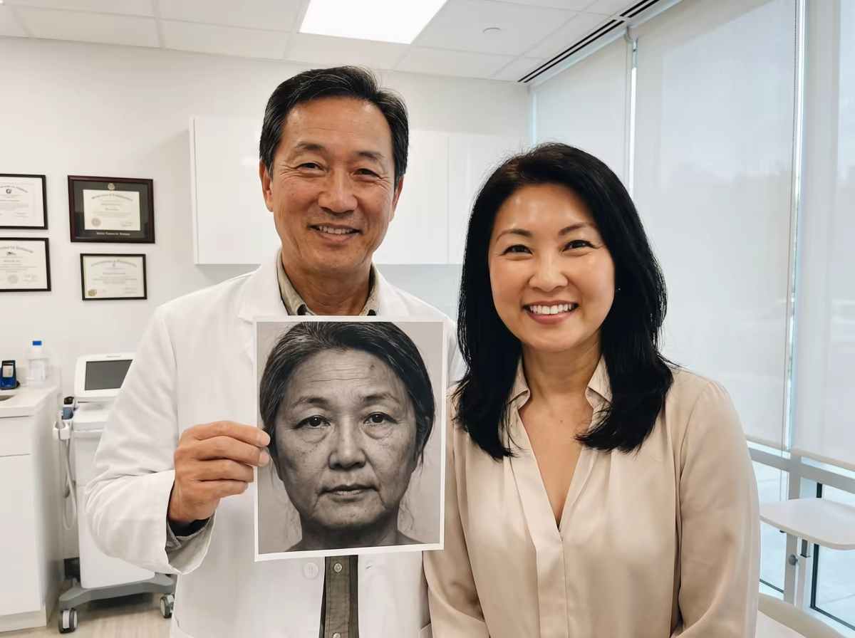 Dr. Comoi mit einem alten Foto seiner Frau – daneben steht Li heute